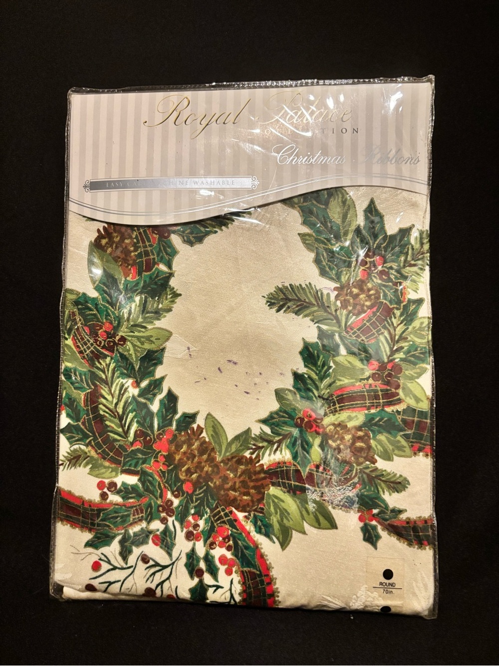 Royal Palace Collection Christmas Ribbons 70” Round Tablecloth